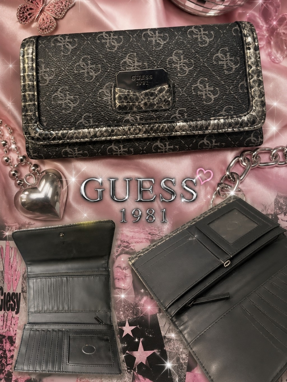 GUESS Black Monogram Continental Wallet with Snakeskin Trim Y2K